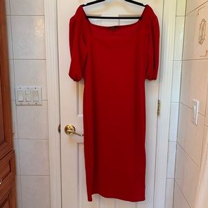 Red Puff sleeve, scoop neck bodycon dress.